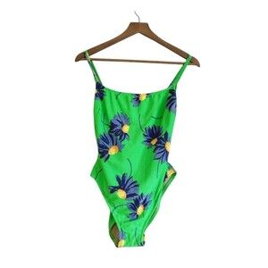 Vtg 90s LeBlanca 14 Green Neon Daisy One Piece Swimsuit High Cut Vintage Retro